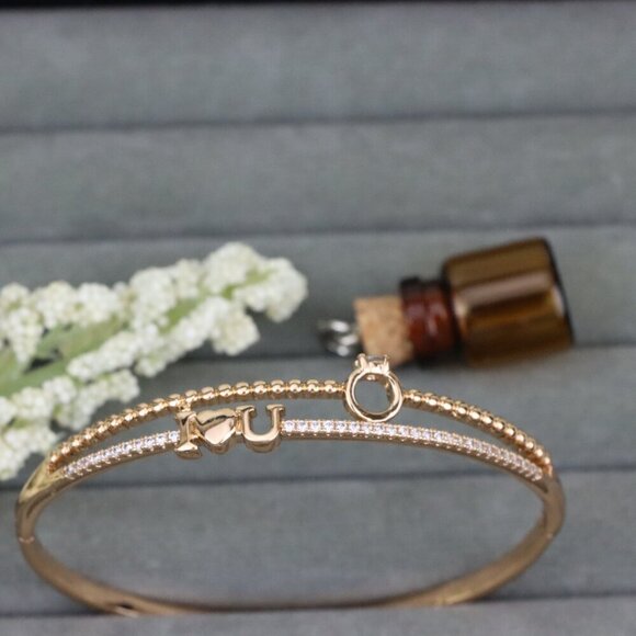 Dainty “I ❤️ U” Rose Gold Bangle with Diamond Ring Charm, XPBL0469 - Picture 9 of 10